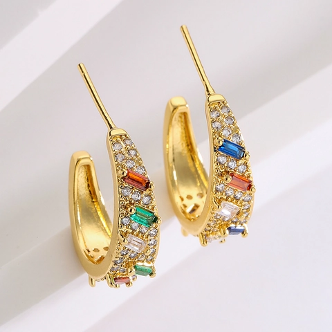 Geometric C Shape Hoop Earrings Gold Plated Copper With Rectangular Cubic Zirconia Stones For Women Fashion Jewelry