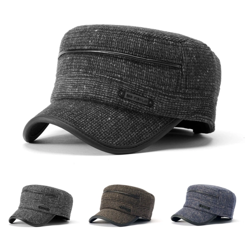 Heren Cadet Pet Winter Platte Hoed Warm Tweed Textuur Leren Bies Militaire Stijl Voor Ouderen