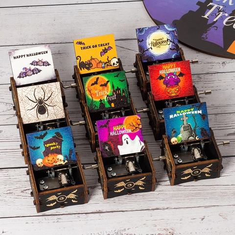 Halloween Hand Crank Wooden Music Box Painted Engraved Manual Musical Box Holiday Gift Home Decor