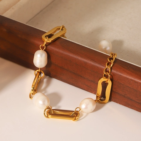 Bracelet En Acier Inoxydable Avec Perle D'eau Douce Plaqué Or 18K Rétro Français Élégant Pour Femme