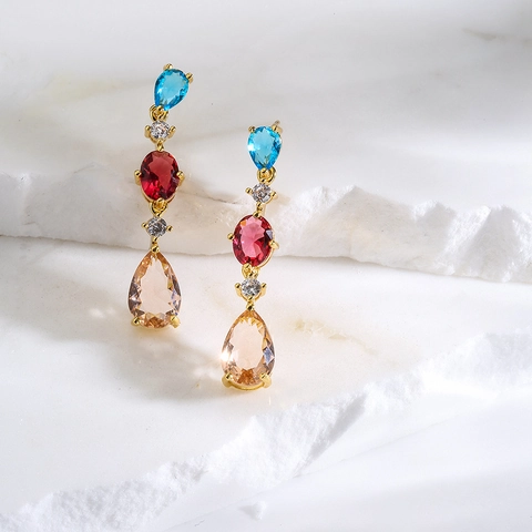 Long Dangle Earrings Copper Gold Plated With Colorful Zircon Pear Teardrop Cascading Stones Elegant Jewelry For Women