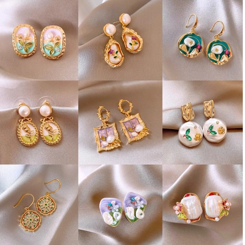 French Retro Flower Artificial Pearl Earrings With 925 Sterling Silver Earring Post Vintage Enamel Oil Painting Style Jewelry For Women