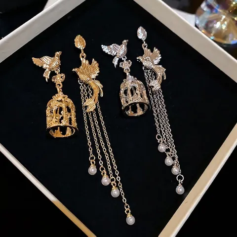 Pendientes Asimétricos De Pájaro Y Jaula Con Borla Perla Artificial De Imitación Y Poste De Plata De Ley 925 Vintage Para Mujer