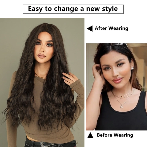 Lange Wellige Perücke Synthetische Hitzebeständige Faser Mittelscheitel Body Wave Haar Für Damen Alltag Party Cosplay