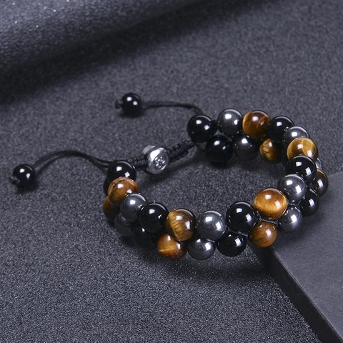 Tiger Eye Black Agate Hematite Lava Stone Double Layer Beaded Bracelet Adjustable Hand Woven Energy Yoga Men Women