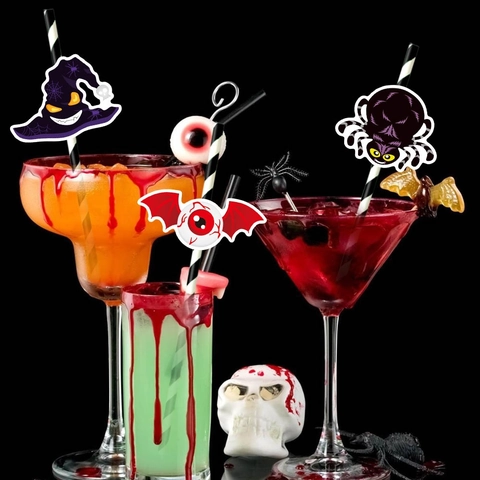 Halloween Papier Strohhalm Dekoration Karten Fledermaus Spinne Kürbis Thema Getränke Einsätze Party Ornament
