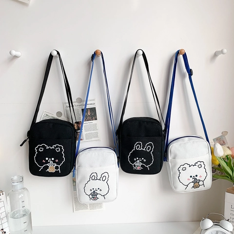 Cute Cartoon Bear Rabbit Print Canvas Crossbody Bag For Girls Mini Small Shoulder Phone Pouch Japanese Style Kawaii