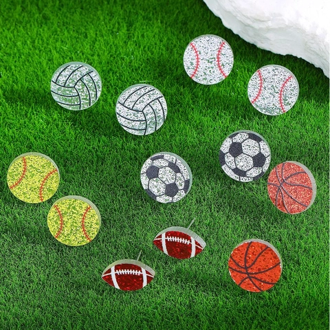 Sport Bal Knopoorbellen Strass Glitter Legering Basketbal Voetbal Rugby Honkbal Novelty Sieraden Voor Dames Heren