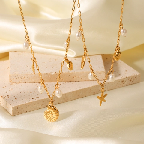 Collier Style Plage Océan En Acier Inoxydable Avec Pendentif Künstliche Perle Coquillage Étoile De Mer Doré Bijoux D'été Pour Femmes