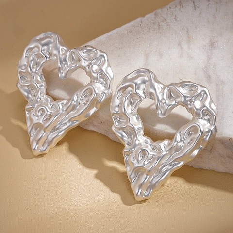 Pendientes De Botón Con Corazón Arrugado Irregular Con Poste De Acero Inoxidable Textura De Metal Líquido De Lava Joyería De Moda