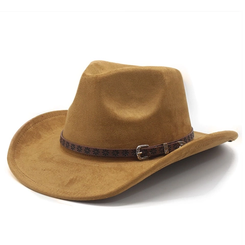 Western Cowboy Hat Vintage Suede Wide Brim Fedora With Floral Leather Band Metal Buckle For Men Women