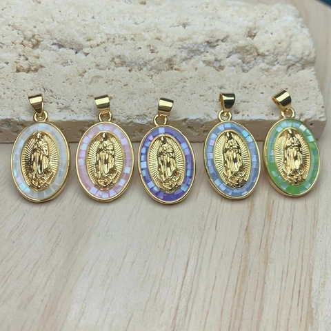 Virgin Of Guadalupe Pendant 18K Gold Plated Brass Mother Of Artificial Pearl Shell Cubic Zirconia Oval Religious DIY Jewelry Making