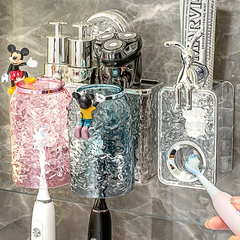 Porta Spazzolino Da Muro Con Bicchieri In Plastica PET Design A Onde Senza Fori Portaoggetti Per Bagno Arredo Moderno