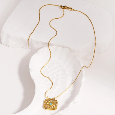 Collana Con Pendente Quadrato Malocchio Acciaio Al Titanio Placcato Oro 18K Turchese Strass Gioielli Vintage Donna
