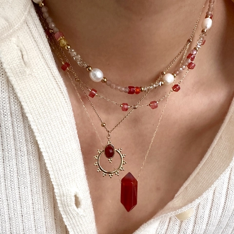 Collana Con Pendente Bohémien Acciaio Inossidabile Placcato Oro 14K Agata Rossa Gemma Perla Artificial Stile Retrò Francese Gioielli