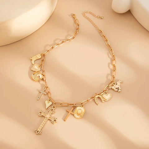 Collana Multi Pendente Stile Western Lega Strass Croce Cuore Cappello Stivali Ferro Di Cavallo Gioielli Donne Vintage Gotico