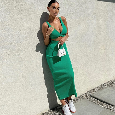 Top Crop Con Scollo A V Profondo E Gonna Midi Bodycon A Vita Alta In Maglia A Coste Sexy Streetwear Estate