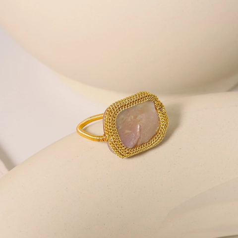 Anello Perla de Agua Dulce Barocca Naturale Acqua Dolce Rosa Viola Cangiante Placcato Oro 18K Gioielli Avvolti A Mano Filo