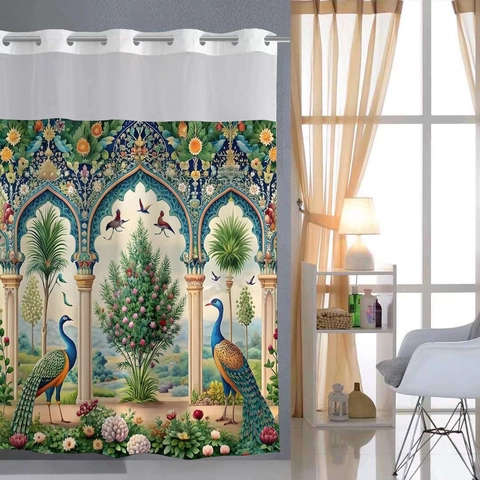 Waterproof Shower Curtain And Mat Polyester Snap-in Liner Hookless Grommet Mesh Top Weighted Bottom Magnets Art Patterns