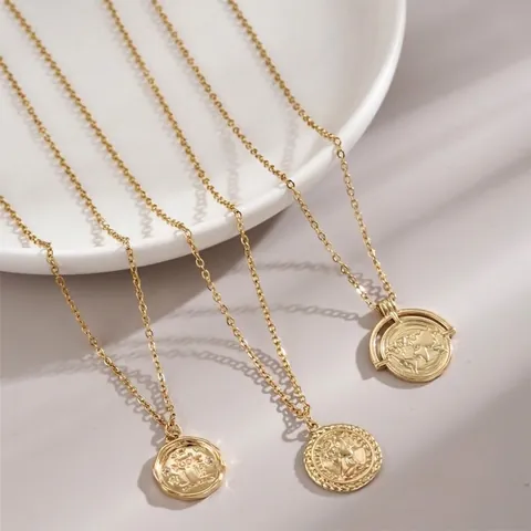 Collar Colgante Moneda Vintage Irregular Acero Inoxidable Cobre Chapado Oro Relieve Retrato Mapa Gato Cadena Clavícula