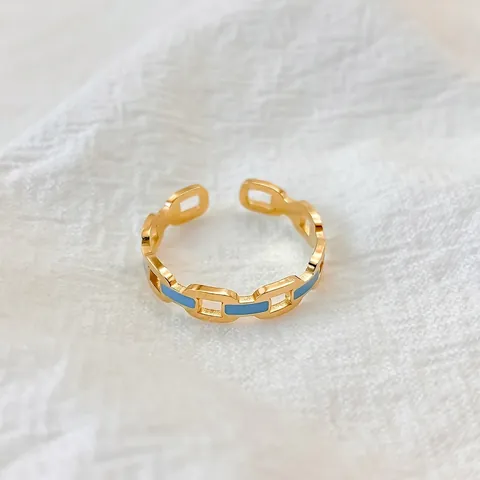 Hollow Chain Open Ring Gold Plated Stainless Steel With Blue Enamel Minimalist Geometric Fashion Jewelry For Women