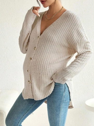 Maternity Ribbed Knit V Neck Button Front Cardigan Long Sleeve Casual Drop Shoulder Pregnancy Top