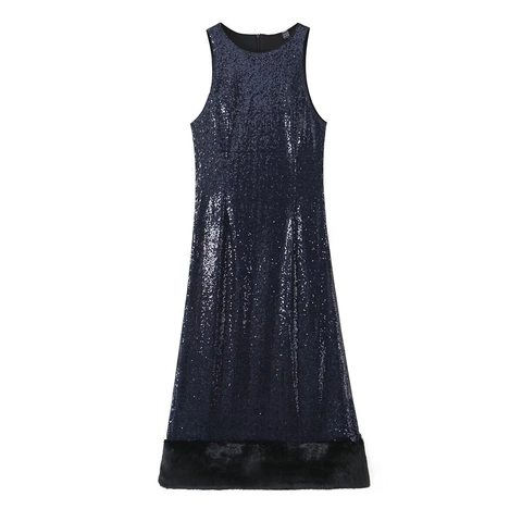 Abito Lungo Di Paillettes Con Bordo In Pelliccia Sintetica Senza Maniche Schiena Scoperta Festa Elegante Per Donna