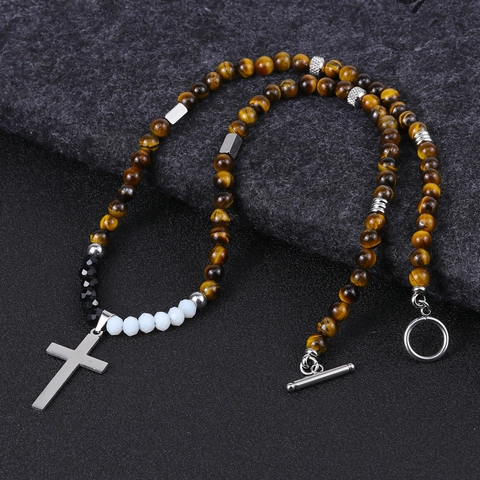 Collana Di Perle In Pietra Naturale Con Pendente A Croce In Acciaio Inossidabile Per Uomo Gioielli Religiosi Moda