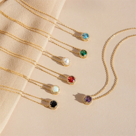 Vintage Round Halo Zirconia Pendant Necklace For Women Copper Gold Plated Birthstone Color Crystal Necklace Jewelry Gift
