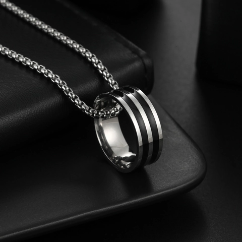 Stainless Steel Ring Pendant Necklace With Black Enamel Stripe Silver Color Box Chain Fashion Minimalist Jewelry For Couples