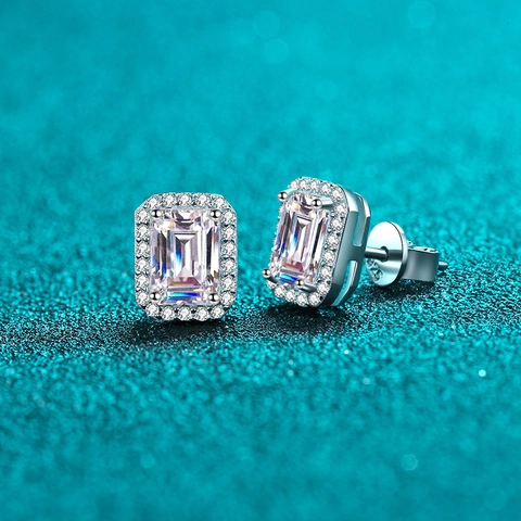 Emerald Cut Moissanite Stud Earrings With 925 Sterling Silver Earring Post Radiant Halo Rectangle Elegant Women Jewelry