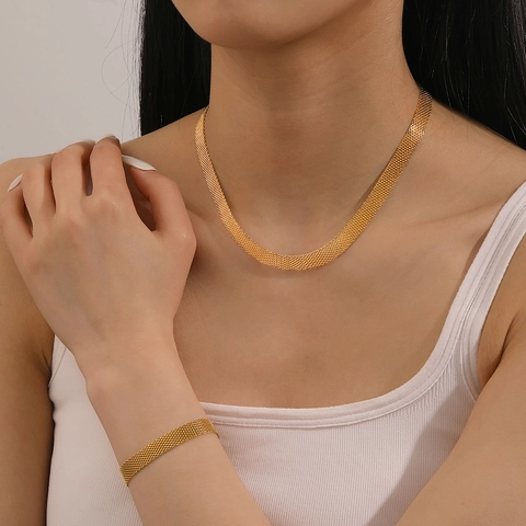 Geweven Gaas Ketting Voor Vrouwen Retro Minimalistisch Titanium Staal Verguld Platte Ketting Choker Mode Sieraden Accessoire