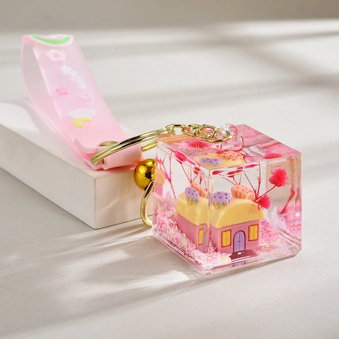 Niedlicher Acryl Schlüsselanhänger Mit Miniatur Haus Trockenblumen Silikon Wish Schlaufe Glocke Für Tasche Auto Zubehör