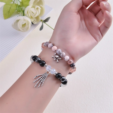 Halloween Naturstein Perlenarmband Mit Legierung Skelett Hand Und Totenkopf Anhänger Gothic Punk Modeschmuck Unisex