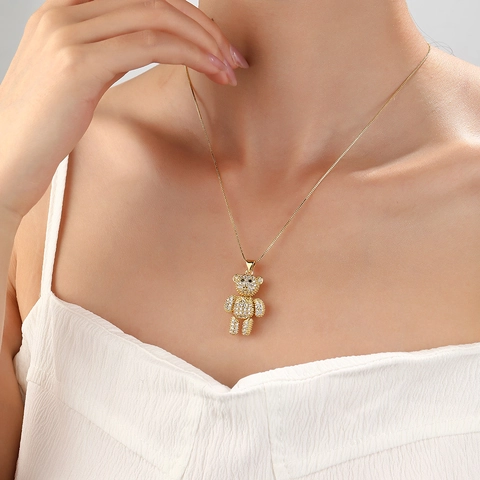 Hip Hop Teddy Bear Pendant Necklace Copper With Zircon Rhinestone Iced Out Trendy Jewelry For Women