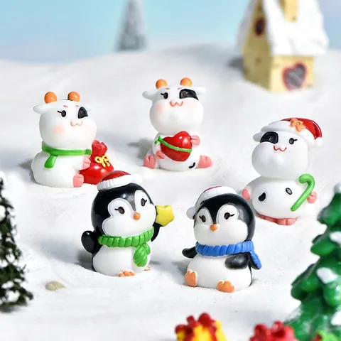 Christmas Miniature Animals Figurines Resin Cartoon Reindeer Penguin Desktop Ornaments DIY Micro Landscape Decor
