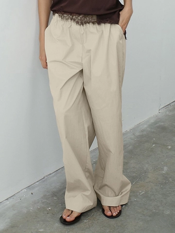 Women Pure Cotton Wide Leg Pants Elastic Waist Casual Straight Trousers Minimalist Solid Color With Pockets