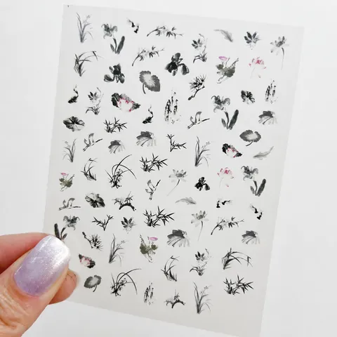 Autocollants 5D Pour Ongles Ultra Minces Résistants Auto-Adhésifs Style Encre De Chine Motif Floral Lotus Tulipe Décoration
