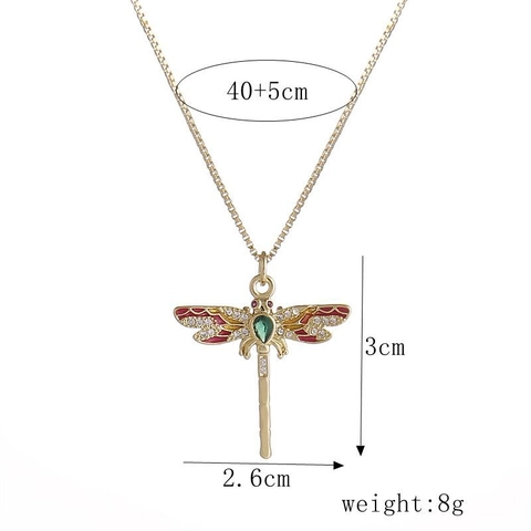 Collana Con Ciondolo A Libellula Rame Placcato Oro Con Zircone Pietra Verde Ali In Smalto Rosso Stile Vintage Per Donna
