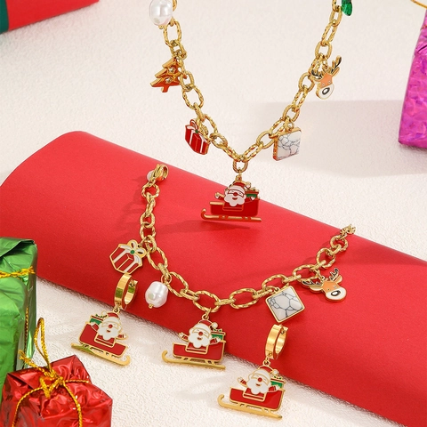 Joyas de Navidad de Acero Inoxidable para Mujer Papá Noel Reno Collar Pulsera Pendientes de Botón Perla Artificial Adorno Festivo