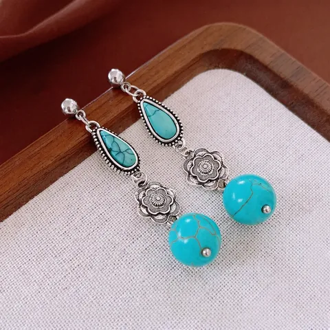 Orecchini Pendenti Turchese Vintage Boho Design Floreale In Lega Con Perno In Argento Sterling 925 Stile Etnico Donne