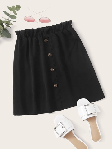 Plus Size Skirt Women Elastic Ruffled Paperbag Waist Front Button Decor Solid Color Polyester Summer Casual A-Line Short