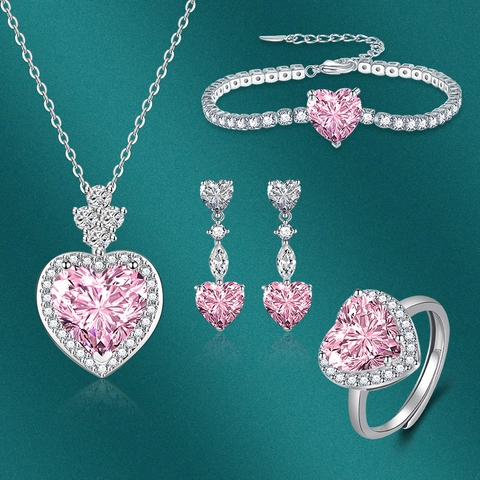 Set Di Gioielli In Zirconia Rosa A Cuore Con Collana Orecchini Bracciale Anello Base In Rame Argentato Elegante Per Donna