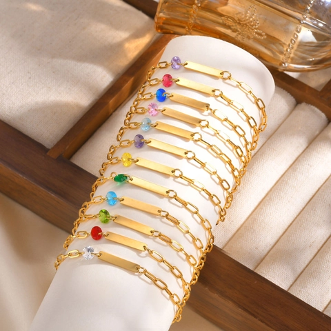 Minimalistisches Edelstahl Büroklammer Kette Armband Mit Farbigem Zirkonia Gravierbare Rechteckige Platte Verstellbarer Damenschmuck