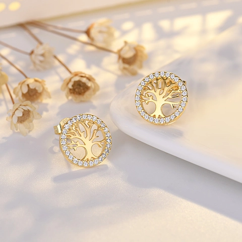 Tree Of Life Stud Earrings For Women Brass 925 Sterling Silver Post Zirconia Inlaid Hollow Round Elegant Jewelry Gift
