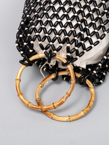 Handmade Woven Wood Bead Bucket Bag For Women Bamboo Circle Handle Bohemian Beach Vacation Handbag Canvas Inner Pouch