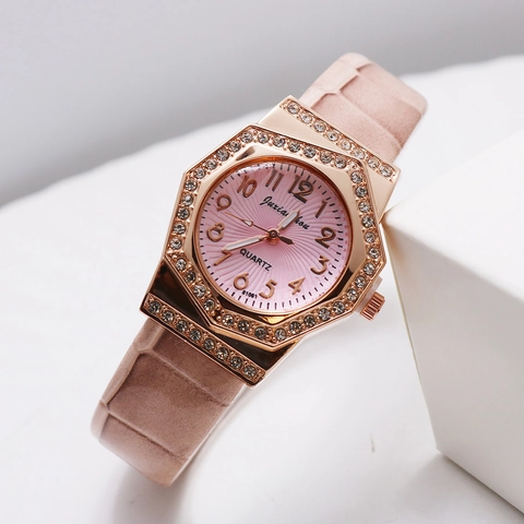 Womens Fashion Quartz Watch Octagonal Rhinestone Alloy Case Crocodile Texture PU Leather Strap Casual Elegant Wristwatch