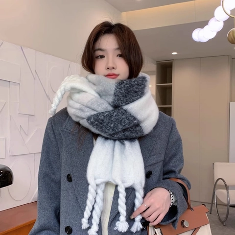 Damen Dicke Lange Mohair-ähnliche Polyester Schal Winter Warm Kariert Einfarbig Quaste Wickel-Schal Mode Weiches Accessoire