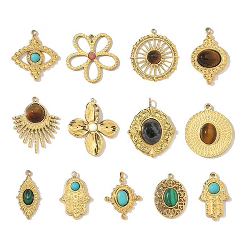 Vintage DIY Anhänger Edelstahl Vergoldet Naturstein Böser Blick Hamsa Hand Blume Für Schmuckherstellung