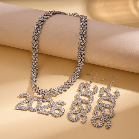 2026 New Year Number Jewelry Set Shiny Rhinestone Copper Necklace Earrings Waterdrop Heart Pendant Trendy Graduation Gift For Women